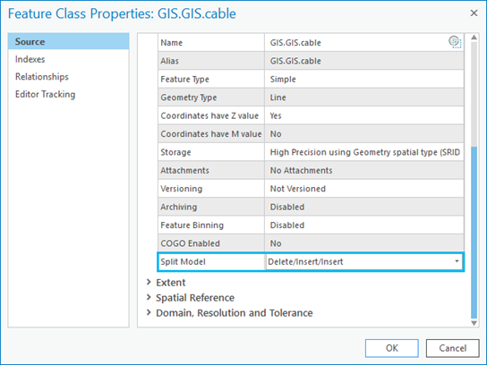 Split Model behavior within the Feature Class Properties dialog box