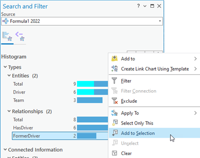 Add relationships in a histogram to the selection on the Search And Filter pane.