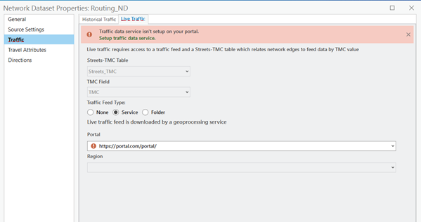 Network Dataset Properties dialog box for Routing_ND showing Live Traffic settings