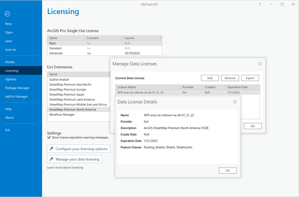 Manage Data Licenses pane showing the StreetMap Premium license file (*.sdlic)