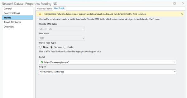 Network Dataset Properties dialog box for Routing_ND showing Live Traffic settings