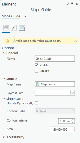 Element pane showing Slope Guide properties with a warning message.