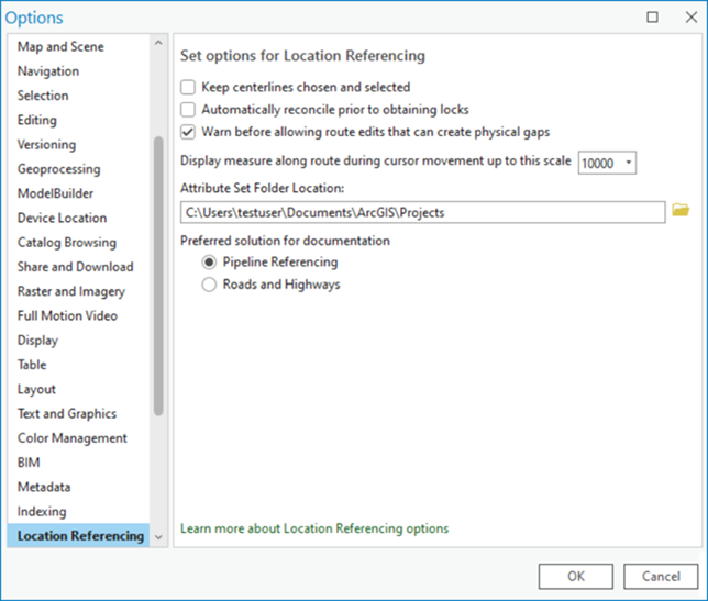 Location Referencing tab options on the Options dialog box