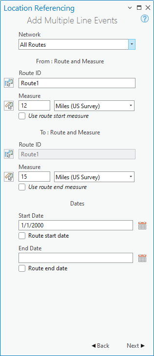 Add Multiple Line Events pane with route and measure fields