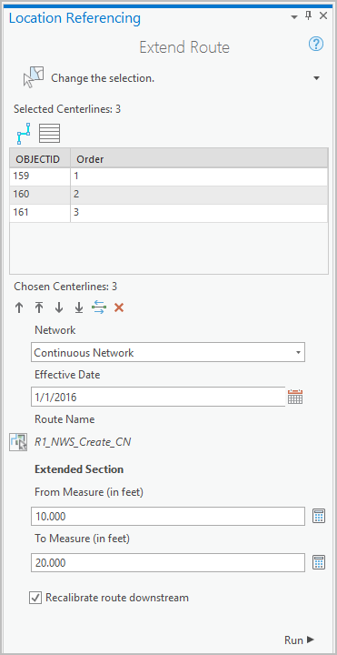 Extend Route pane with multiple centerlines chosen