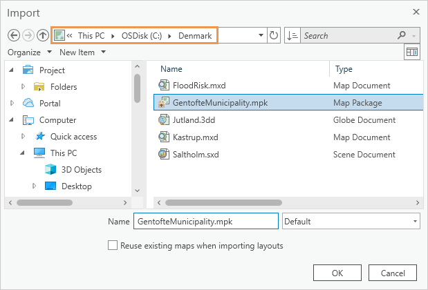 Map package selected on the Import dialog box