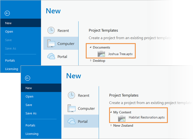 Project templates stored in well-known locations on the Settings page