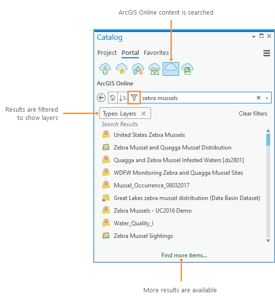 Catalog pane showing search results filtered by item type