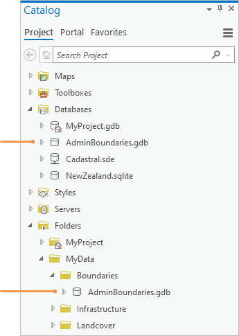 Database and folder connections expanded in the Catalog pane