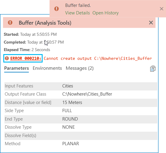 Pop-up details for a geoprocessing tool failure