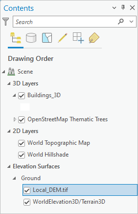 Contents pane with the local DEM added to the elevation surface layer