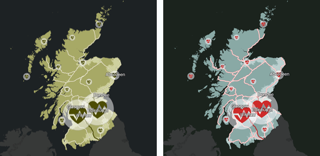 Maps with the Color Vision Deficiency Simulator set to Protanopia (left) and Tritanopia (right)