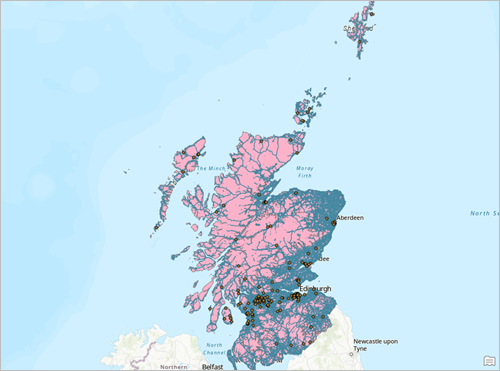 Map of Scotland showing roads and medical facilities