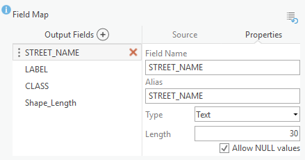 List of output fields in the Field Map