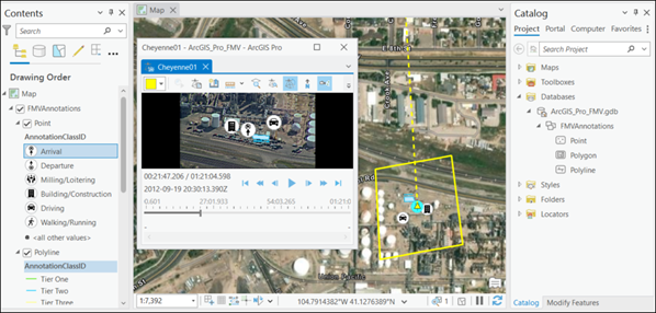 Features listed in the Contents pane are displayed in the video player and map.