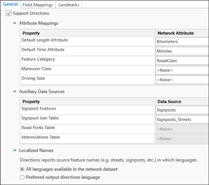 Modify units used to report directions and fields used to identify streets on the General tab