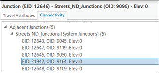 Element ID and Source feature class ID associated with the selected adjacent junction element