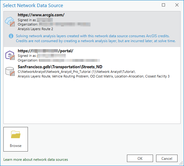 Select the network data source you want to use for creating a network analysis layer.