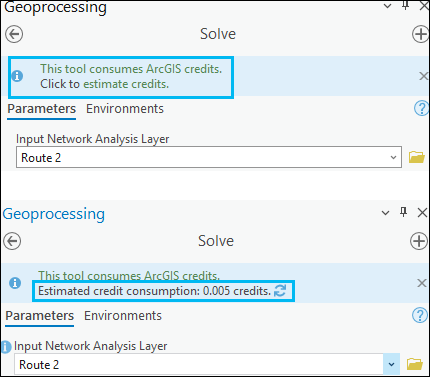 Estimate credits in the geoprocessing tool window.