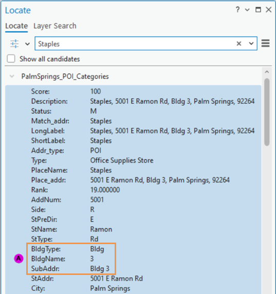 Result of POI search by place name with subaddress details