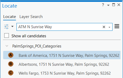 Result of POI category search with street name in the Locate pane