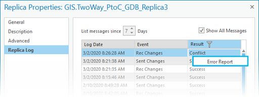 To view the error report for conflicts that occurred during replica synchronization, use the Replica Log tab on the Replica Properties dialog box.