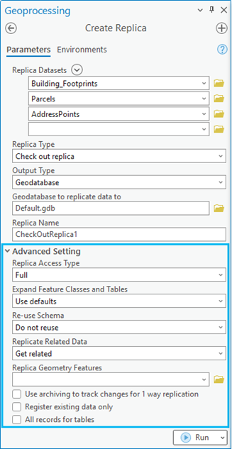 Advanced Setting in the Create Replica tool