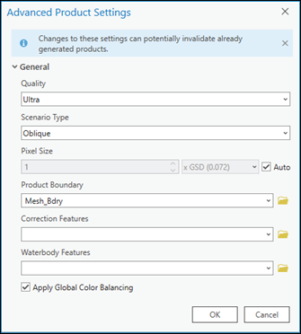 Advanced Product Settings for oblique aerial data