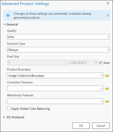 Advanced Product Settings for generating a 3D mesh