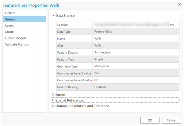 Source tab in the Feature Class Properties pane