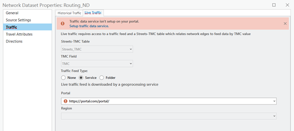 Network Dataset Properties dialog box for Routing_ND showing Live Traffic settings