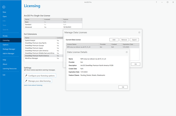 Manage Data Licenses pane showing the StreetMap Premium license file (*.sdlic)