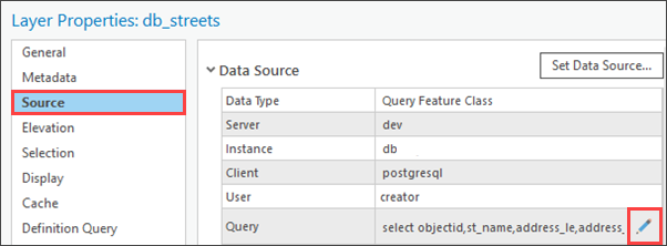 Open Layer Properties, click Source, and click the Edit Query button.