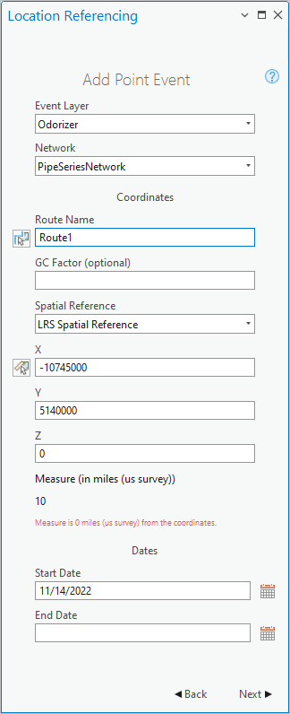 Add Point Event pane with coordinate selections