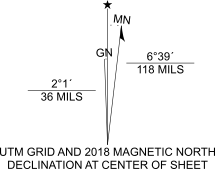 A topographic north arrow displaying grid north, magnetic north, and true north