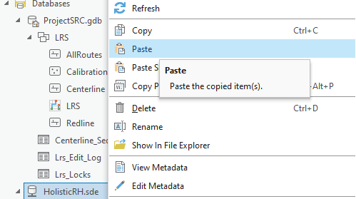 Pasting the LRS feature dataset into the target geodatabase