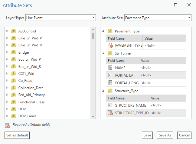 Attribute Sets dialog box with custom attribute set