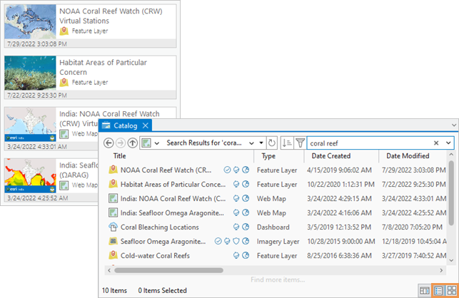 Catalog view of ArcGIS Living Atlas of the World items displayed as tiles and in columns