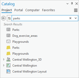 Catalog pane showing results for a search on the term parks