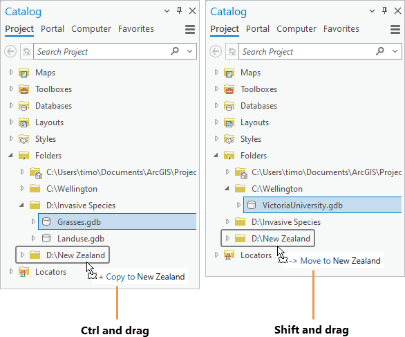 Side-by-side examples of a geodatabase being copied and moved by dragging with modifier keys