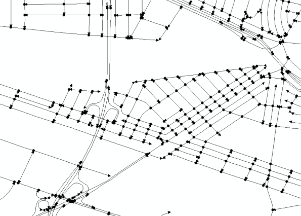 The same street data after running the Dissolve Network tool shows fewer endpoints.