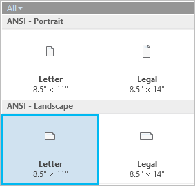 Menu of page sizes and orientations