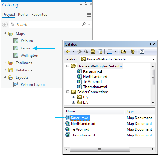 Map document dragged from the Catalog window in ArcMap to the Catalog pane in ArcGIS Pro