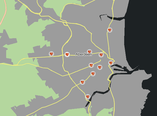 Map showing updated symbology for primary roads near Aberdeen