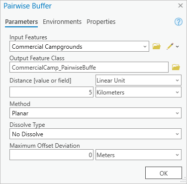 Pairwise Buffer tool dialog box