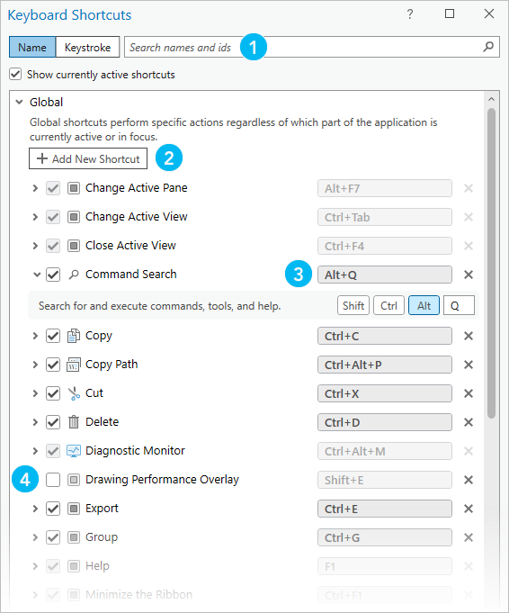 Keyboard Shortcuts dialog box showing global shortcuts