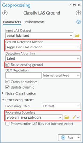 Red boxes highlight the relevant sections of the tool for rerunning with a more aggressive setting.