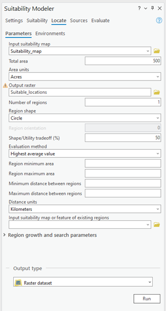 Locate tab of the Suitability Modeler pane