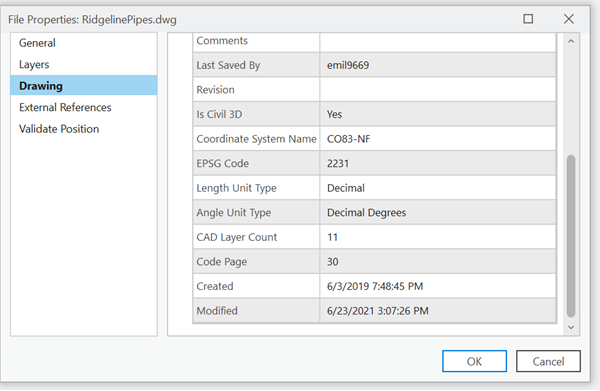 Drawing tab on the File Properties pane