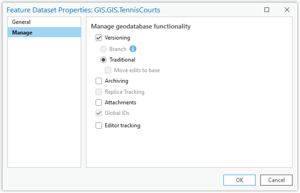 Manage tab on the Feature Dataset Properties dialog box